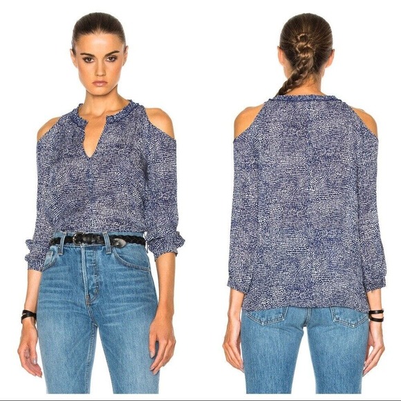 DEREK LAM 10 CROSBY Silk Printed Cold Shoulder Blouse Keyhole Neck Size 12 - Picture 1 of 7